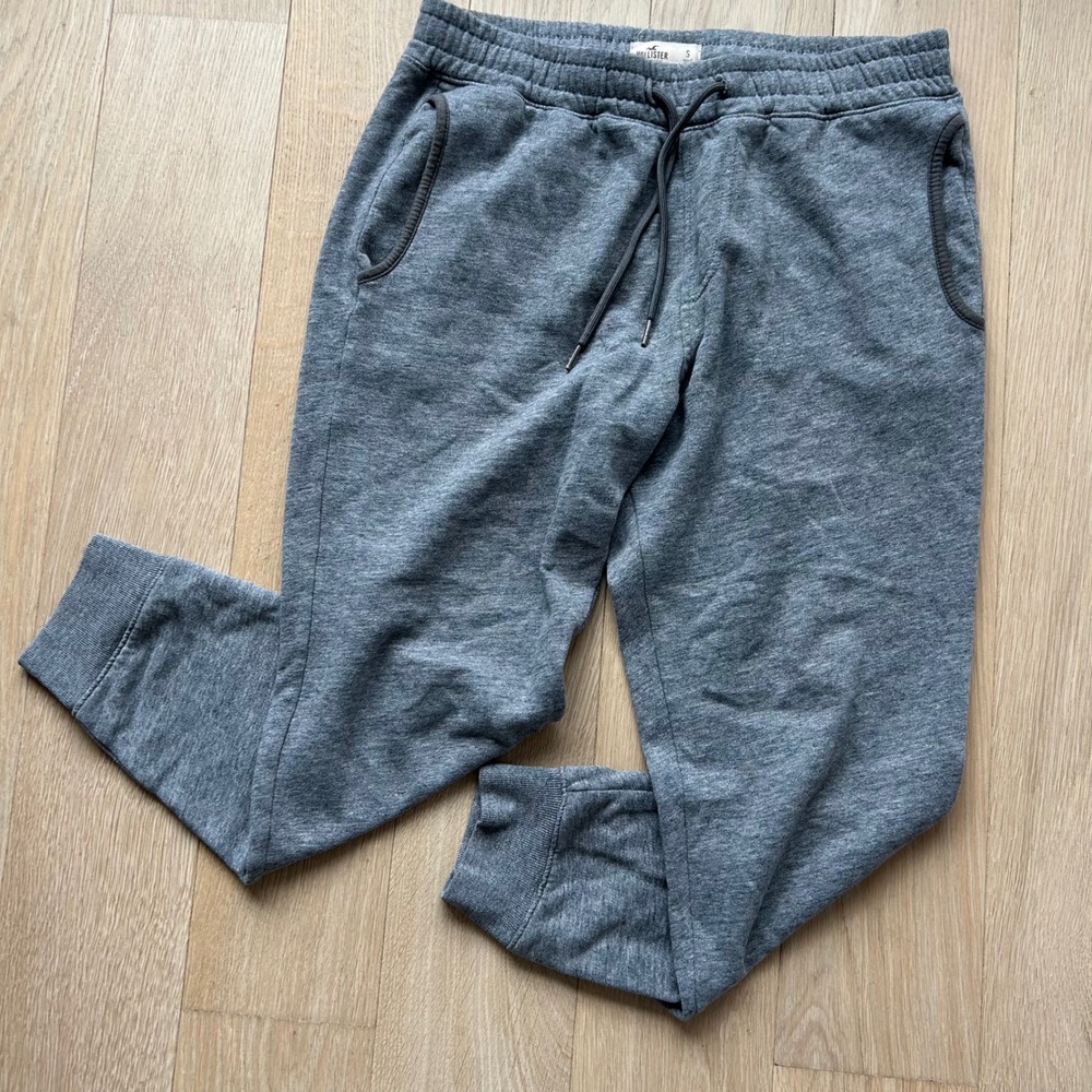 Hollister Jogger Sweatpants Mens S Gray Heathered Fleece Drawstring Cuff Leather